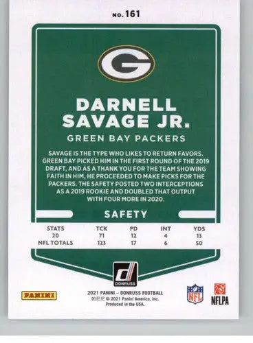 Original gloss Darnell Savage Jr. football card from 2021 Donruss Simply Sandoval Packers