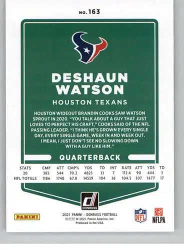 Deshaun Watson football card with original gloss, NM-MT grade, from 2021 Donruss