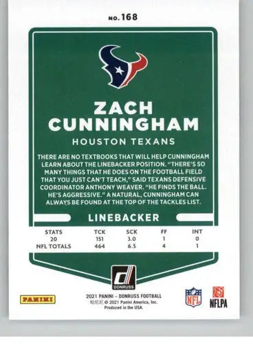 Original gloss Zach Cunningham football card from 2021 Donruss Simply Sandoval collection