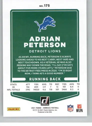 Adrian Peterson football card with original gloss from 2021 Donruss NM-MT Lions