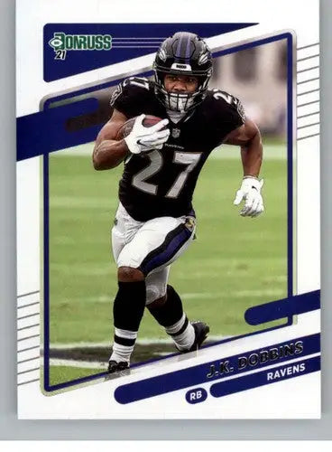J K Dobbins football card from 2021 Donruss Ravens with original gloss, simply sandoval style