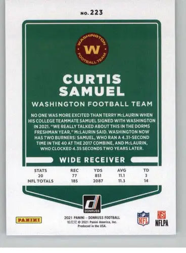 Original gloss Curtis Samuel football card from 2021 Donruss #223 featuring Simply Sandoval