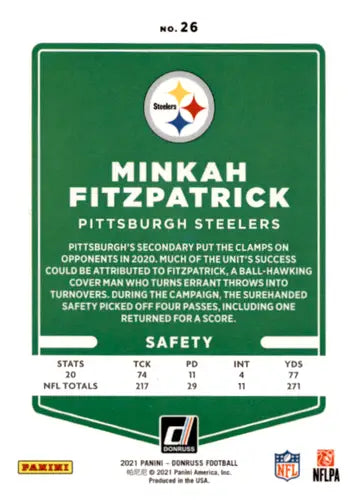 Minkah Fitzpatrick football card from 2021 Donruss with original gloss, Steelers player