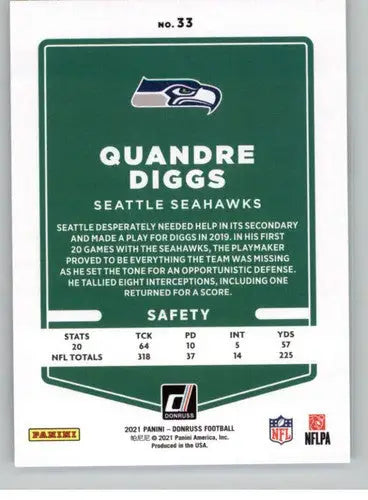 Original gloss Quandre Diggs football card 2021 Donruss NM-MT Seahawks ID 44442