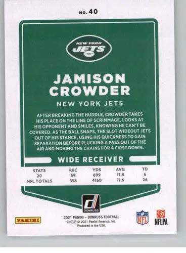 Original gloss Jamison Crowder football card from 2021 Donruss NY Jets collection