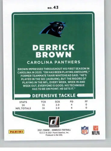 Original gloss Derrick Brown football card from 2021 Donruss Panthers collection