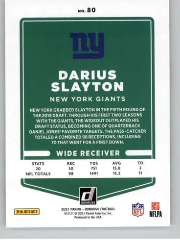 Original gloss 2021 Donruss Darius Slayton football card featuring NY Giants team memorabilia