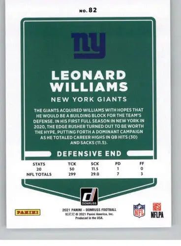 Original gloss of Leonard Williams football card from 2021 Donruss NM-MT NY Giants