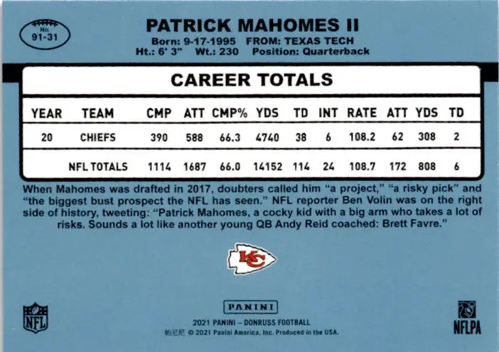 2021 Donruss #91-31 Patrick Mahomes II Retro 1991 - Football Card Single