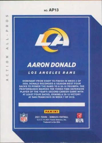 Original gloss 2021 Donruss Action All-Pros Aaron Donald football card featuring Simply Sandoval Los Angeles Rams