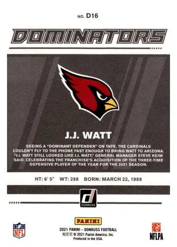 J.J. Watt football card from 2021 Donruss Dominators with original gloss, cards typically sell