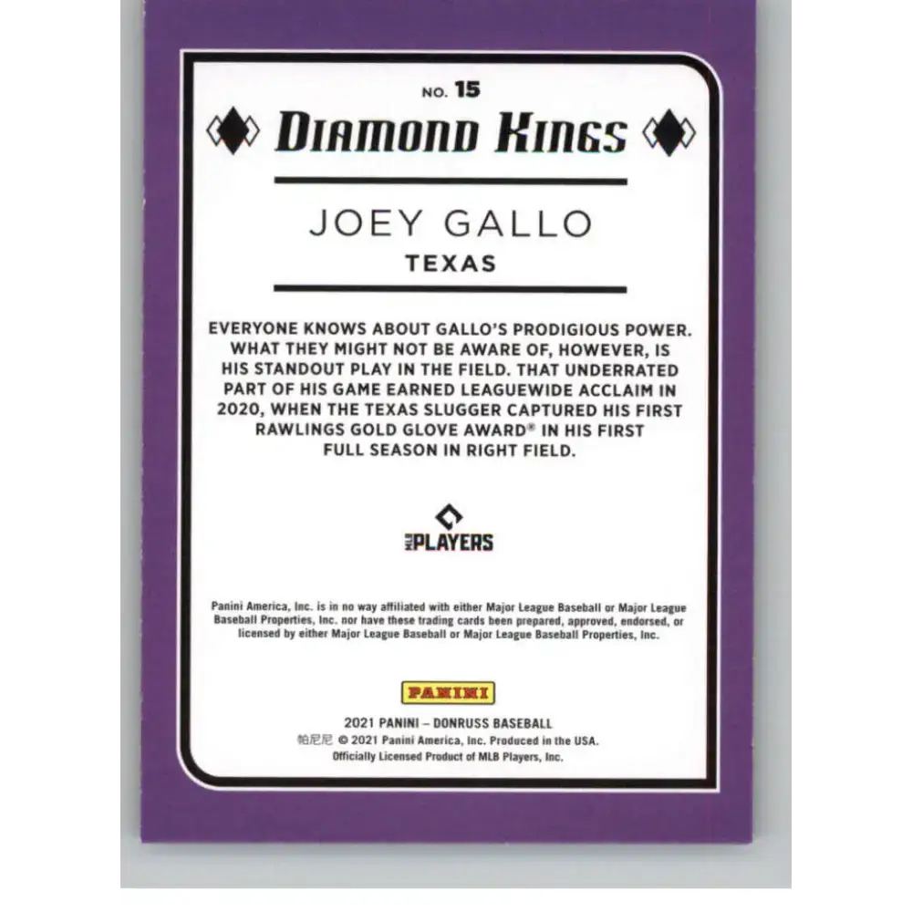 2021 Donruss Holo Purple #15 Joey Gallo NM-MT Texas Rangers Baseball Card - Baseball Card Single