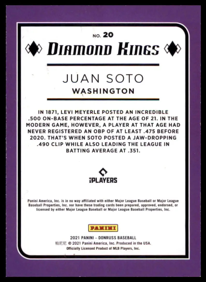 2021 Donruss - Holo Purple Juan Soto 20 Washington Nationals NM - Baseball Card Single