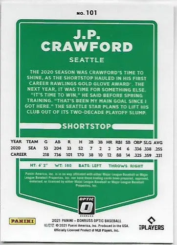 2021 Donruss Optic #101 J.P. Crawford NM-MT RC Rookie Mariners - Baseball Card Single