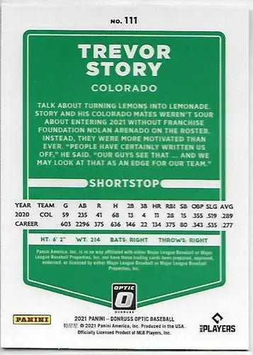 Trevor Story baseball card from 2021 Donruss Optic in original gloss sports cards collection
