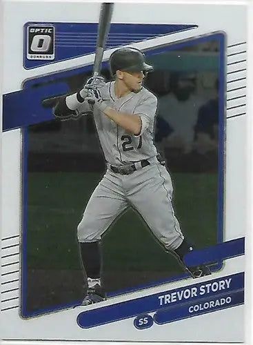 Original gloss 2021 Donruss Optic Trevor Story baseball card featuring Rockies players