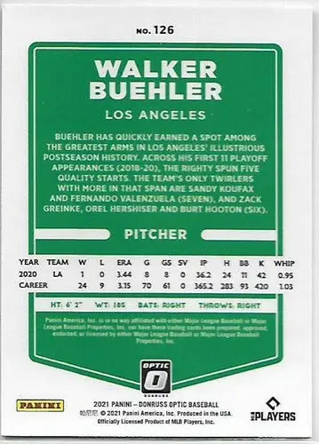 2021 Donruss Optic Walker Buehler baseball card with original gloss Dodgers Simply Sandoval