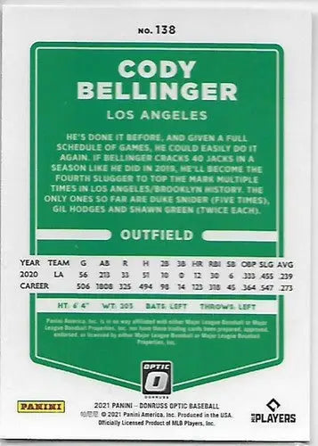 Original gloss Cody Bellinger baseball card from 2021 Donruss Optic Dodgers sports cards
