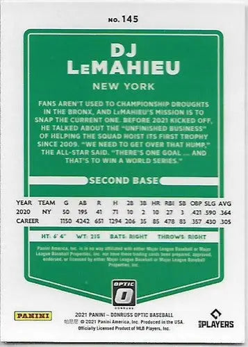 2021 Donruss Optic #145 DJ LeMahieu NM-MT Yankees - Baseball Card Single