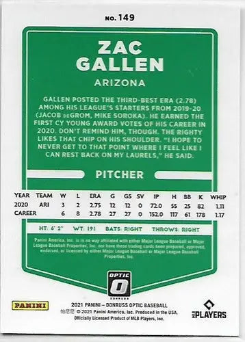 Zac Gallen baseball card from 2021 Donruss Optic with original gloss in NM-MT condition