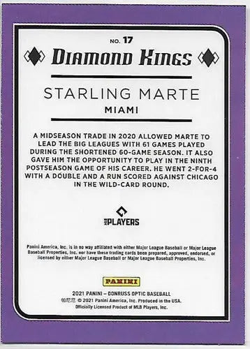 Baseball card back showing original gloss for 2021 Donruss Optic Starling Marte sports cards