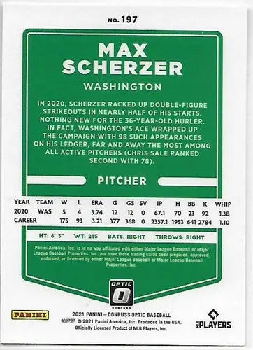 2021 Donruss Optic Max Scherzer baseball card with original gloss featuring Nationals