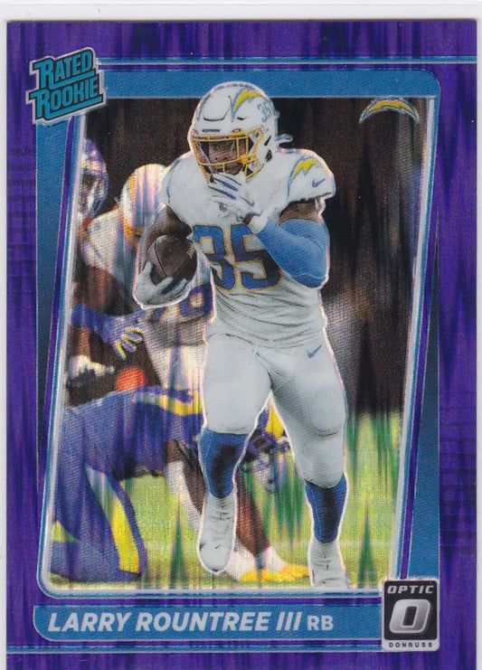 Football trading card of Larry Rountree III in Chargers uniform featuring Rountree III Purple Shock