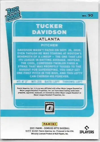 Baseball card back featuring original gloss from 2021 Donruss Optic Tucker Davidson rookie Braves Rated Rookies