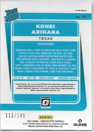 2021 Donruss Optic Black Stars #70 Kohei Arihara NM-MT RC Rookie 111/149 Rangers - Baseball Card Single