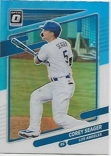 Original gloss Corey Seager baseball card from 2021 Donruss Optic Carolina Blue and White series