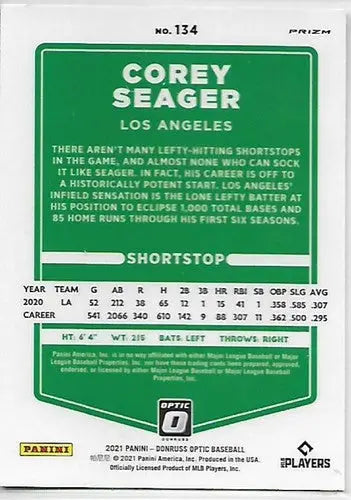 Original gloss 2021 Donruss Optic Corey Seager baseball card featuring Simply Sandoval Dodgers