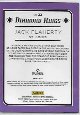 Baseball card back featuring original gloss on 2021 Donruss Optic Jack Flaherty Card