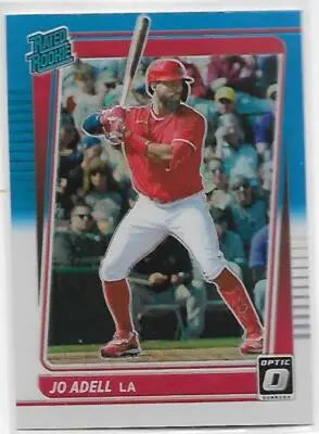 2021 Donruss Optic Jo Adell RC baseball card with original gloss and Carolina Blue detail