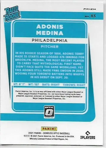 2021 Donruss Optic Carolina Blue and White #83 Adonis Medina NM-MT RC Rookie Phi - Baseball Card Single