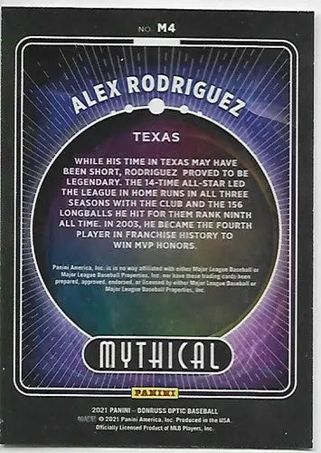 2021 Donruss Optic Mythical #4 Alex Rodriguez NM-MT Rangers - Baseball Card Single
