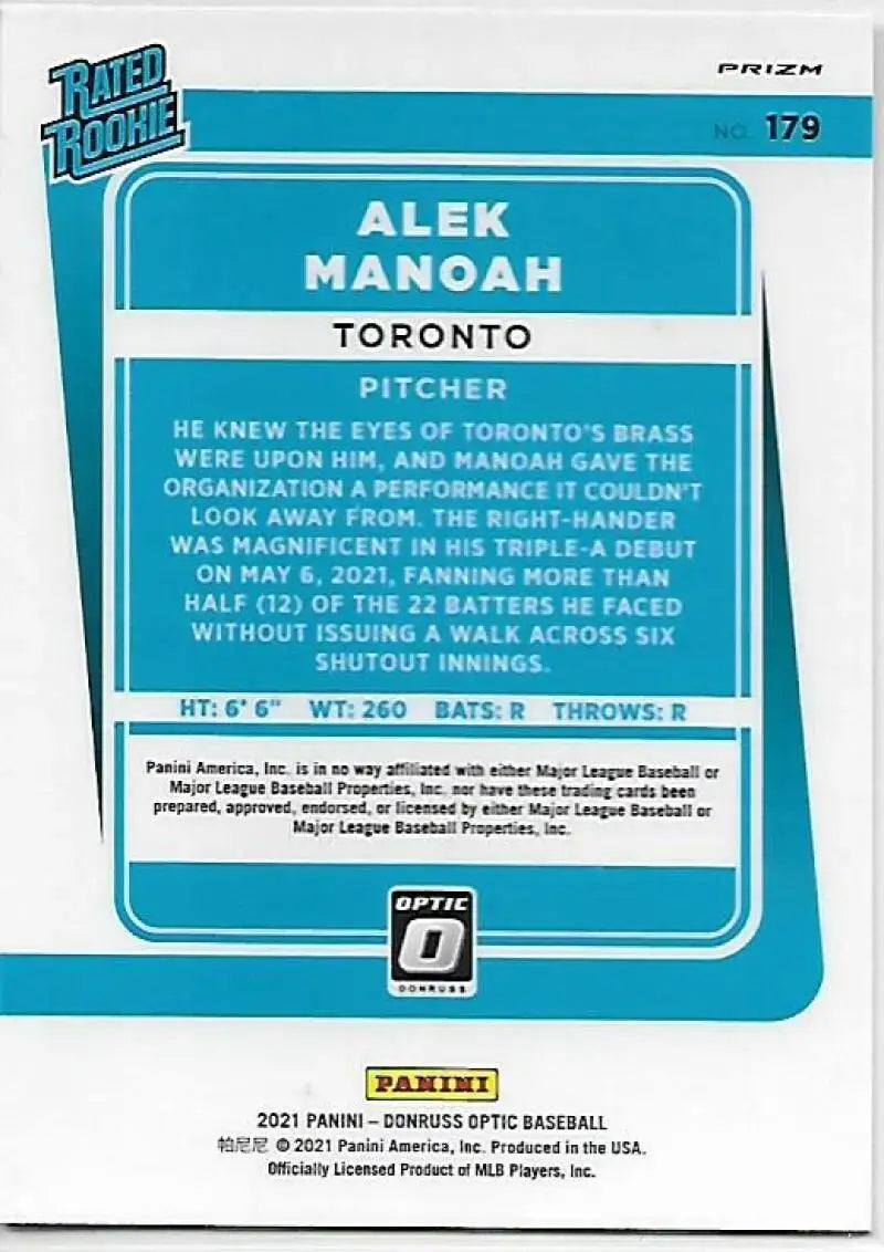 2021 Donruss Optic Pink #179A Alek Manoah NM-MT RR Blue Jays - Baseball Card Single