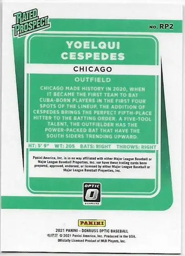2021 Donruss Optic Rated Prospects #2 Yoelqui Cespedes NM-MT White Sox - Baseball Card Single