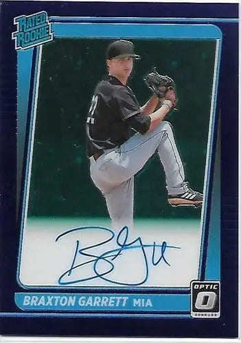 Braxton Garrett autographed baseball card with original gloss from 2021 Donruss Optic Purple Stars