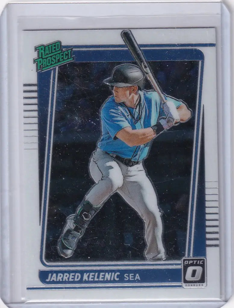 Baseball card of Jarred Kelenic Seattle Mariners in batting stance, RP20 Donruss Optic