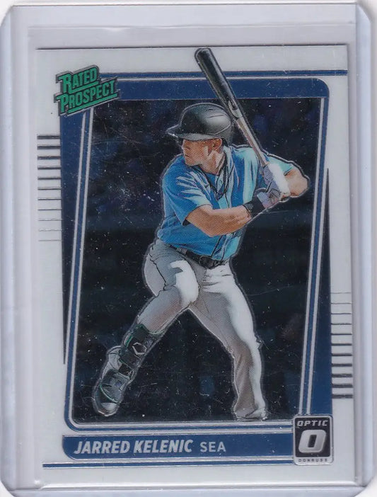 Baseball card of Jarred Kelenic Seattle Mariners in batting stance, RP20 Donruss Optic