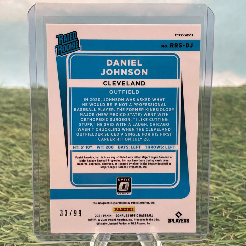 Daniel Johnson baseball card from 2021 Donruss Optic Signatures Blue Mojo /99 Rookie Auto