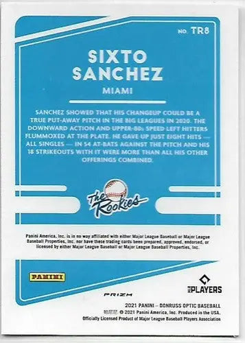 2021 Donruss Optic Sixto Sanchez baseball card back with original gloss design