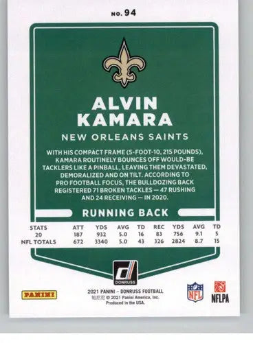 Original gloss 2021 Donruss Alvin Kamara football card featuring Simply Sandoval NM-MT Saints