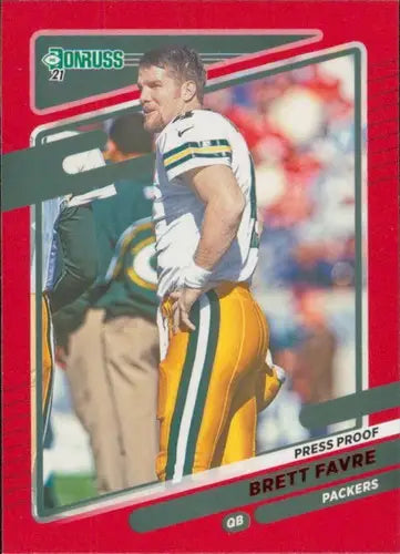 Original gloss Brett Favre football card from 2021 Donruss Photo Variation Press Proof Red Simply Sandoval