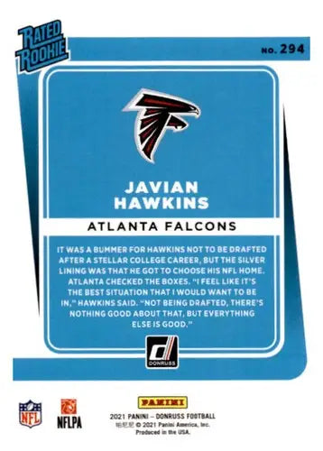 Javian Hawkins football card featuring original gloss Donruss Press Proof Red Rookie Falcon