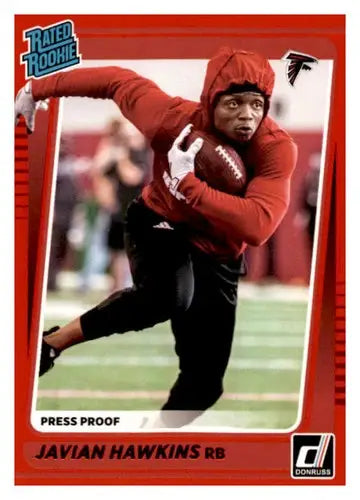 Javian Hawkins football card with original gloss from 2021 Donruss Press Proof Red series