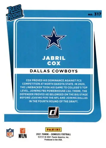 Original gloss Jabril Cox football card from 2021 Donruss Press Proof Red simply sandoval rated rookie