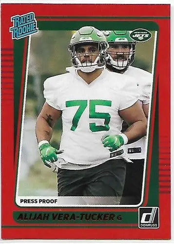 Original gloss Alijah Vera-Tucker football card featuring 2021 Donruss Press Proof Red NM-MT Rookie NY Jets