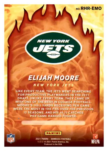 Elijah Moore football card from 2021 Donruss Red Hot Rookies NY Jets donruss red hot