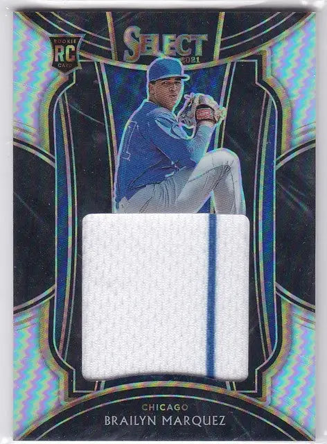 Baseball trading card of Brailyn Marquez RC Jumbo Relic in blue uniform mid-windup